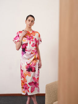 FABLE STREET - White Satin Floral Kimono Dress