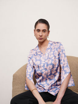 FABLE STREET - Satin Floral Blue Top
