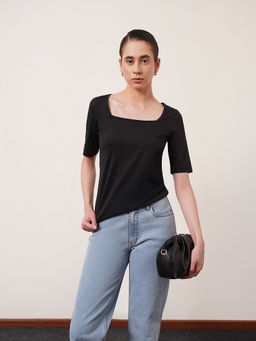 FABLE STREET - Cotton Square Neck Knitted T Shirt - Black