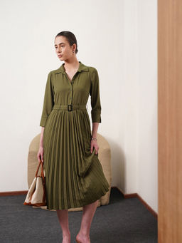 FABLE STREET - Collared Pleated Fit And Flare Dress - Olive