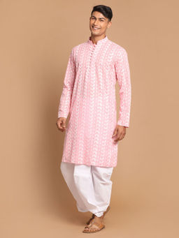 Vastramay - Mens Pink & White Pure Cotton Kurta & Dhoti (Set of 2)