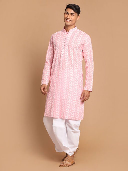 Vastramay Mens Pink & White Pure Cotton Kurta & Dhoti (Set of 2)