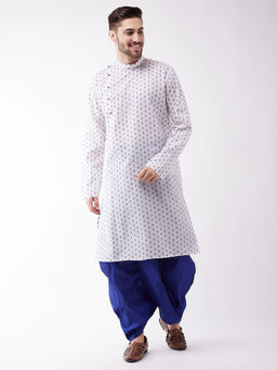 Vastramay - Mens White & Blue Cotton Kurta & Dhoti (Set of 2)