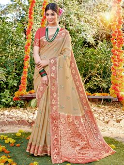 EXCLUSIVA - Cream Cotton Saree with Unstitched Blouse