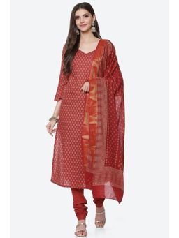 Biba - Red Cotton Unstitched Suit (Set of 3)