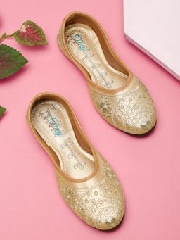 Tiny Bugs - Gold Synthetic Round Toe Pair Of Juttis