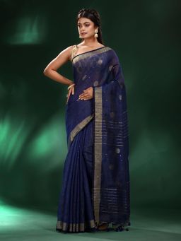CHARUKRITI - Navy Blue Blended Cotton Handwoven Sequined Saree with Unstitched Blouse