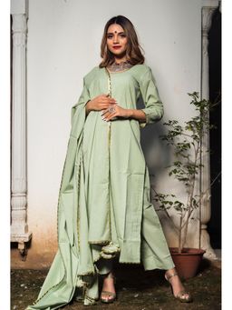 POMCHA - Olive Green Cotton Straight Kurta (Set of 3)