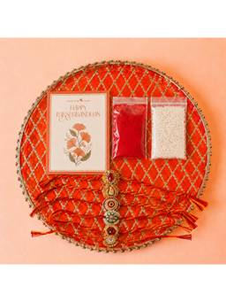 Samskara Home - Embellished Orange Puja Thali & Designer Rakhi Set Combo
