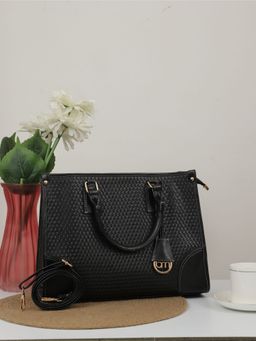 Bagsy Malone - Black Noir Woven Elegance Handbag with Detachable Strap