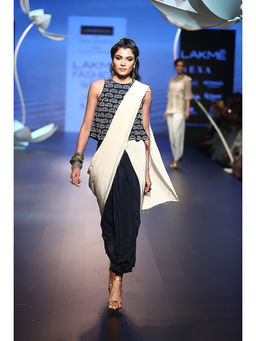 Payal Singhal - Irmak Navy Crepe Top with Navy & Stone Crepe Saree