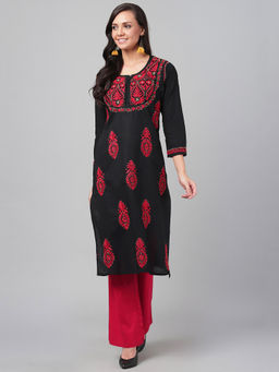 ADA - Embroidered Black Cotton Lucknow Chikankari Kurta (XS) (A373637)