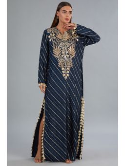 Payal Singhal - Navy Blue Dola Silk Embroidered Long Beyza Kaftan Dress