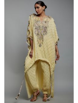 Payal Singhal - Yellow Embroidered High Low Kaftan Kurta with Jogger Pant (Set of 2)