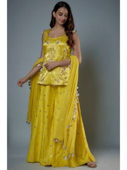 Payal Singhal - Lime Yellow Embroidered Mirror Work Kurti and Palazzo with Dupatta (Set of 3)