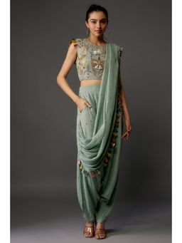 Payal Singhal - Powder Green Embroidered Choli and Low Crotch with Attached Drape (Set of 2)