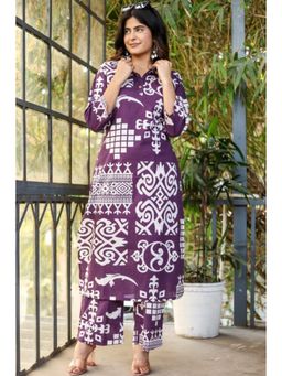 Autumnlane - Purple Collar Neck Three Fourth Sleeves Kurta and Pant (Set of 2)