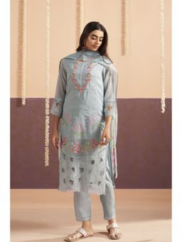 Autumnlane - Blue Round Neck Three Fourth Sleeves Kurta and Pant and Dupatta (Set of 3)