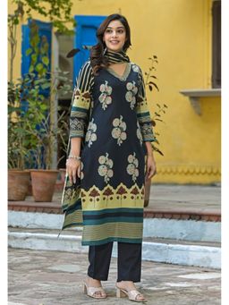 Autumnlane - Navy Blue Mandarin Neck Kurta and Palazzo and Dupatta (Set of 3)