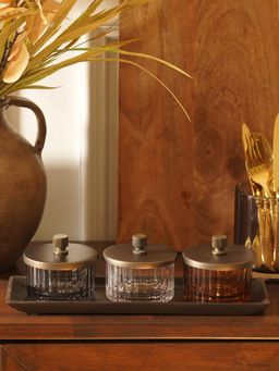 Pure Home + Living - Multi-Color Matte Bronze Ribbed Condiment Jars with Tray