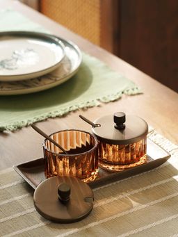 Pure Home + Living - Brown Amber Bronze Ribbed Condiment Jars with Spoons and Tray