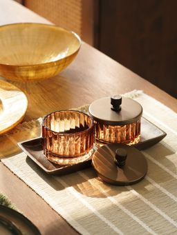 Pure Home + Living - Brown Amber Bronze Ribbed Condiment Jars with Tray