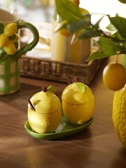 Pure Home + Living - Yellow Ceramic Lemon Condiment Jars with Spoons & Tray