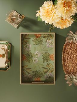 Pure Home + Living - Green Pineapple Print Faux Leather Rectangular Tray