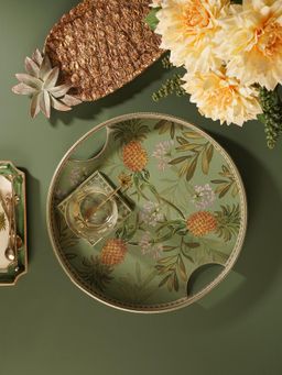 Pure Home + Living - Green Pineapple Print Faux Leather Round Tray