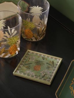 Pure Home + Living - Green Pineapple Print Faux Leather Coasters (Pack of 4)