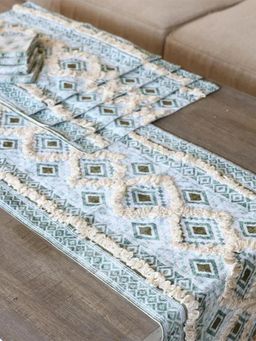 Izaafa - White 9 Piece Fringed Cotton Table Linen Set (4 Seater)