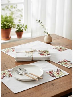 Izaafa - White Bliss of Spring Floral Embroidered Cotton Table Mats (Pack of 4) (4 Seater)