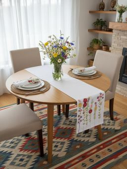 Izaafa - White Vibrant Hand Embroidered Floral Table Runner