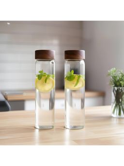 STOR - Rustik Borosilicate Transparent Glass Water Bottle with Wood Lid (Pack of 2)