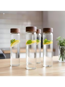 STOR - Rustik Borosilicate Transparent Glass Water Bottle with Wood Lid (Pack of 4)