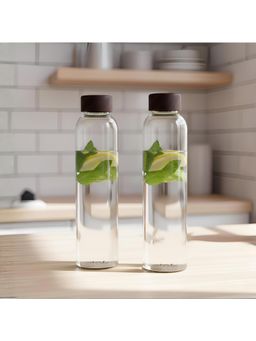 STOR - Rustik Borosilicate Transparent Glass Bottle with Acacia Wood Lid (Pack of 2)