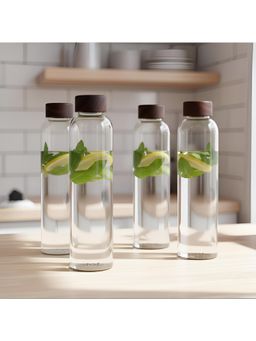 STOR - Rustik Borosilicate Transparent Glass Bottle with Acacia Wood Lid (Pack of 4)