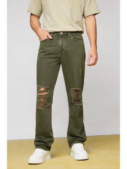 FREAKINS - Men Rustic Green Distressed Straight Jeans