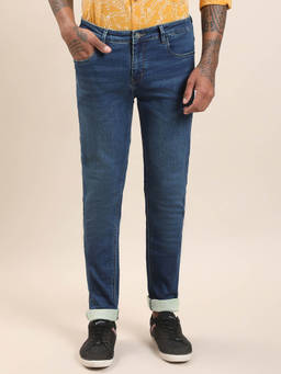 Turtle - Men Blue Cotton Stretch Solid Flat Front Denim Jeans