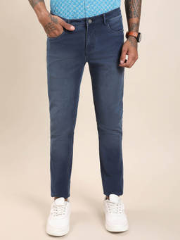 Turtle - Men Navy Blue Cotton Stretch Solid Flat Front Denim Jeans