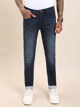 Turtle - Men Navy Blue Cotton Stretch Solid Flat Front Denim Jeans