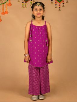 Kasya - Pink Rayon Printed A-Line Kurti with Tie-Ups and Straight Palazzo (Set of 2)