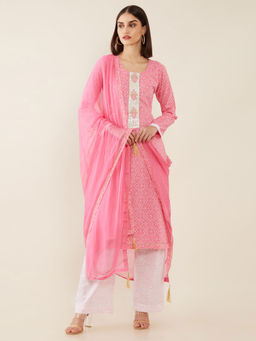 Soch - Pink Printed And Embroidered Cotton Unstitched Dress Material - 3 Meter Kurta Fabric