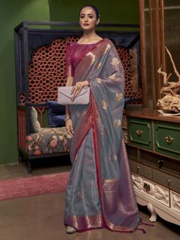 Akhilam - Womens Organza Grey Woven Designer Saree with Unstitched Blouse