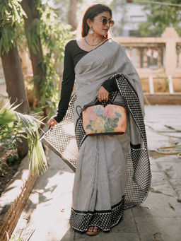 Akhilam - Women's Bhagalpuri Silk White Printed Saree with Unstitched Blouse