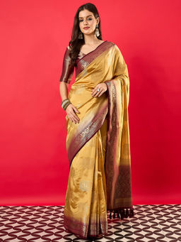 Akhilam - Women's Nylon Yellow Woven Design Saree with Unstitched Blouse