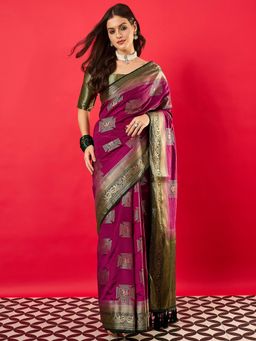 Akhilam - Women's Nylon Purple Woven Design Saree with Unstitched Blouse