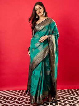 Akhilam - Women's Nylon Turquoise Woven Design Saree with Unstitched Blouse