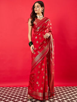 Akhilam - Women's Nylon Red Woven Design Saree with Unstitched Blouse
