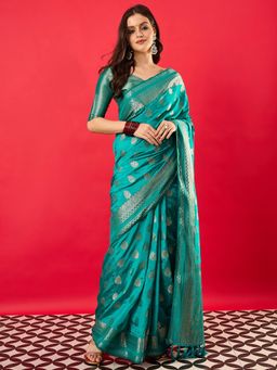 Akhilam - Women's Nylon Turquoise Woven Design Saree with Unstitched Blouse